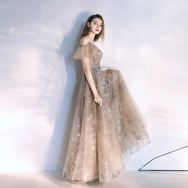 Fashion Khaki Evening Dresses  2020 A-Line / Princess Spaghetti Straps Beading Crystal Lace Sequins Short Sleeve Backless Floor-Length / Long Formal Dresses