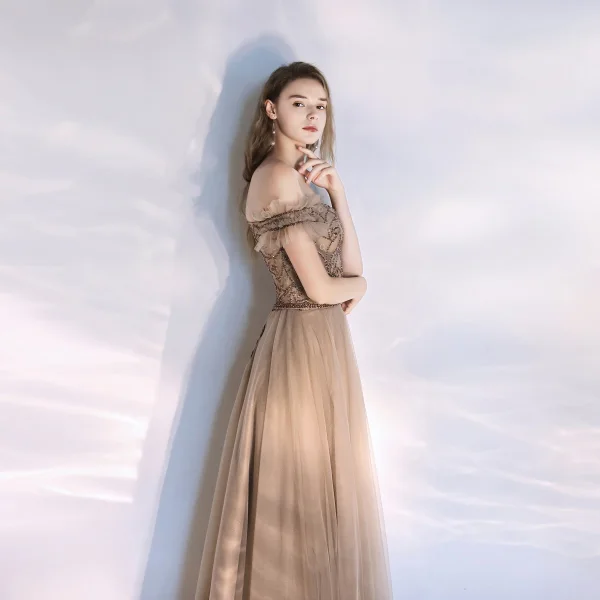 Classy Champagne Evening Dresses 2020 A-Line / Princess Off-The-Shoulder Beading Crystal Sleeveless Backless Floor-Length / Long Formal Dresses