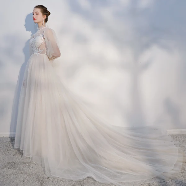 Elegant Champagne Beach Wedding Dresses 2018 A-Line / Princess Lace Appliques Scoop Neck Backless Long Sleeve Chapel Train Wedding