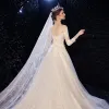 Charming Champagne Wedding Dresses 2020 A-Line / Princess Scoop Neck Beading Sequins Lace Flower 3/4 Sleeve Backless Court Train