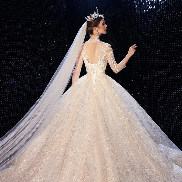 Luxury / Gorgeous Champagne Wedding Dresses 2020 Ball Gown High Neck Sequins Lace Flower Appliques 3/4 Sleeve Backless Royal Train