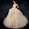 Luxury / Gorgeous Champagne Wedding Dresses 2020 Ball Gown Strapless Beading Lace Flower Sequins Sleeveless Backless Cascading Ruffles Royal Train