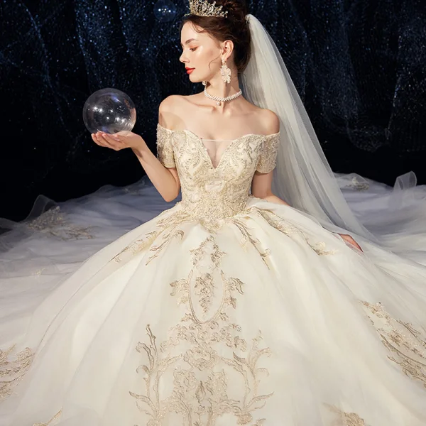 Luxury / Gorgeous Champagne Wedding Dresses 2020 Ball Gown Off-The-Shoulder Beading Sequins Lace Flower Short Sleeve Backless Royal Train