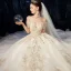 Luxury / Gorgeous Champagne Wedding Dresses 2020 Ball Gown Off-The-Shoulder Beading Sequins Lace Flower Short Sleeve Backless Royal Train