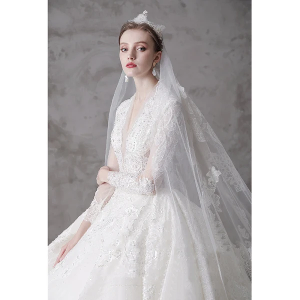 High-end Ivory Wedding Dresses 2020 A-Line / Princess V-Neck Beading Pearl Rhinestone Sequins Lace Flower 3/4 Sleeve Royal Train