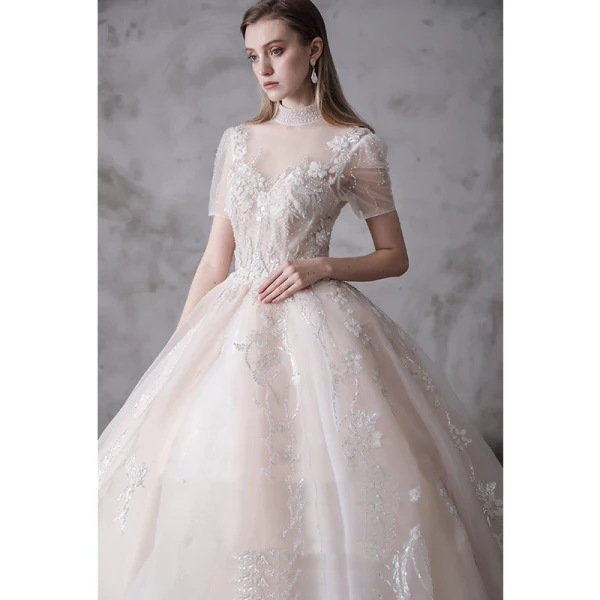 High-end Champagne Wedding Dresses 2020 Ball Gown High Neck Beading Sequins Lace Flower Short Sleeve Backless Royal Train