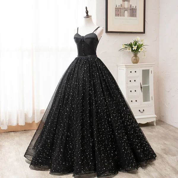 Elegant Black Prom Dresses 2020 A-Line / Princess Spaghetti Straps Star Sequins Sleeveless Backless Floor-Length / Long Formal Dresses