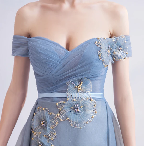 Fashion Sky Blue Evening Dresses 2020 A-Line / Princess Off-The-Shoulder Beading Crystal Glitter Appliques Sleeveless Backless Sweep Train Formal Dresses