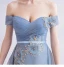 Fashion Sky Blue Evening Dresses  2020 A-Line / Princess Off-The-Shoulder Beading Crystal Glitter Appliques Sleeveless Backless Sweep Train Formal Dresses