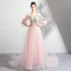 Flower Fairy Blushing Pink Prom Dresses 2020 A-Line / Princess Scoop Neck Lace Flower Appliques 3/4 Sleeve Backless Court Train Formal Dresses