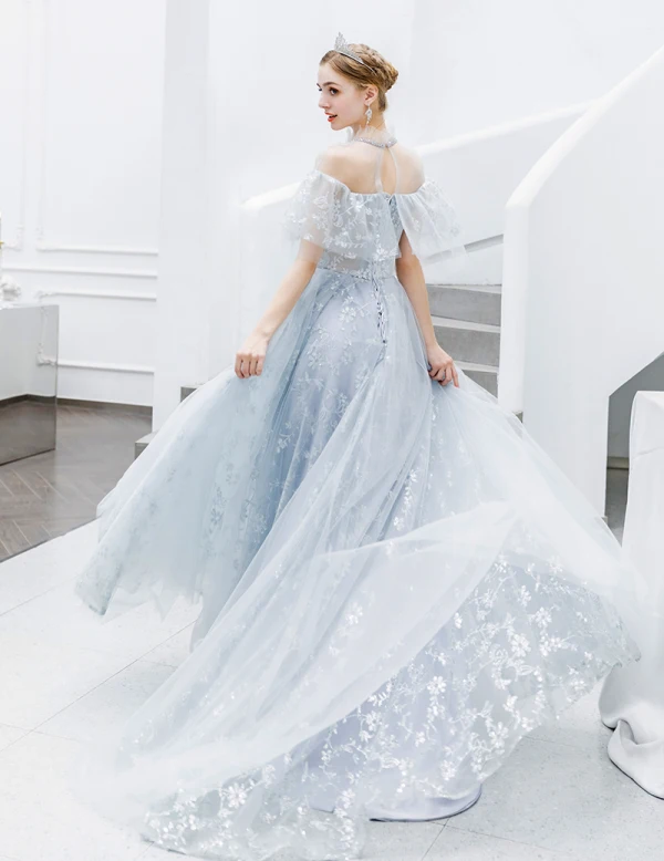 Mode Argenté Robe De Soirée 2020 Princesse Encolure Dégagée Paillettes En Dentelle Fleur 1/2 Manches Dos Nu Longue Robe De Ceremonie