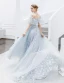 Mode Argenté Robe De Soirée 2020 Princesse Encolure Dégagée Paillettes En Dentelle Fleur 1/2 Manches Dos Nu Longue Robe De Ceremonie