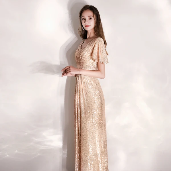 Sparkly Champagne Evening Dresses 2019 A-Line / Princess V-Neck Sequins Short Sleeve Floor-Length / Long Formal Dresses