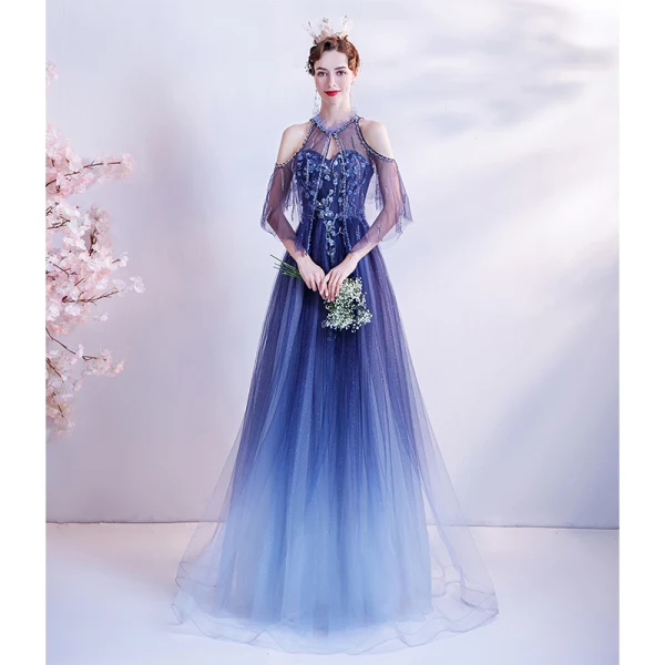 Charming Ocean Blue Prom Dresses 2021 A-Line / Princess Scoop Neck Beading Crystal Sequins Floor-Length / Long Short Sleeve Backless Prom Formal Dresses