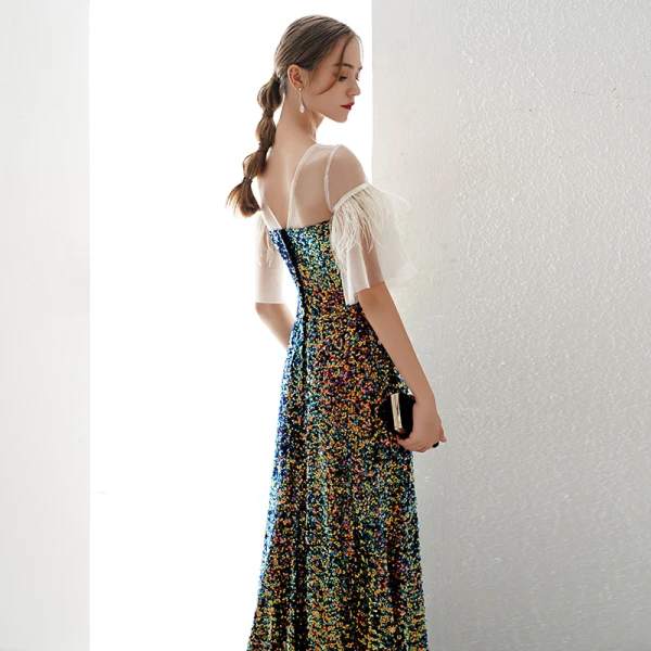 Charmant Multi-Couleurs Robe De Soirée 2019 Princesse Encolure Dégagée Paillettes 1/2 Manches Dos Nu Longue Robe De Ceremonie