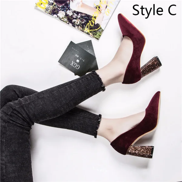 Charmant Bordeaux Soirée Sandales Femme 2019 Paillettes Daim Bride Cheville 8 cm Talons Épais À Bout Pointu Sandales