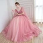 Chic / Beautiful Pearl Pink Cascading Ruffles Formal Dresses 2018 Ball Gown Lace Appliques Pearl V-Neck Sleeveless Watteau Train Backless Floor-Length / Long Prom Dresses