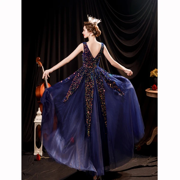 Scintillantes Bleu Marine Multi-Couleurs Paillettes Robe De Bal 2021 Princesse V-Cou Sans Manches Dos Nu Longue Robe De Ceremonie