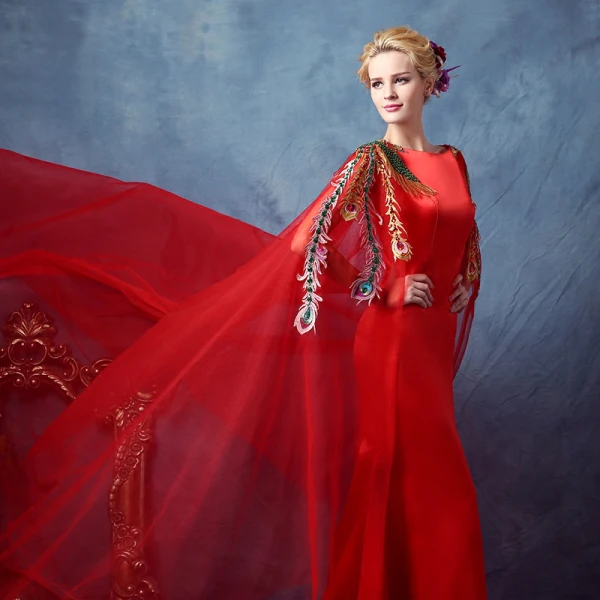 Chinesischer Stil Rot Abendkleider 2018 Mermaid Applikationen Kristall Eckiger Ausschnitt Watteau-falte Ärmellos Sweep / Pinsel Zug Festliche Kleider