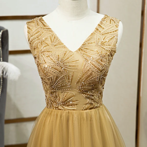 Élégant Doré Robe De Soirée 2019 Princesse V-Cou Perlage En Dentelle Paillettes Sans Manches Dos Nu Longue Robe De Ceremonie