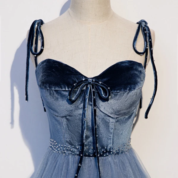 Classy Ocean Blue Prom Dresses 2020 A-Line / Princess Spaghetti Straps Bow Suede Sleeveless Backless Floor-Length / Long Formal Dresses