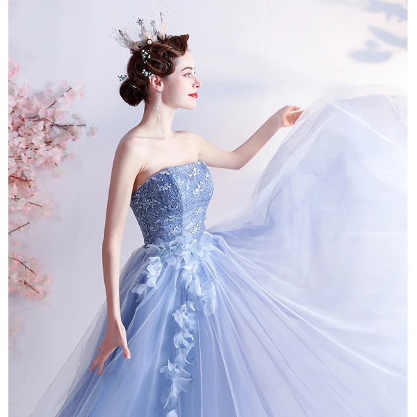 Modern / Fashion Sky Blue Lace Flower Prom Dresses Backless 2021 A-Line / Princess Strapless Sleeveless Floor-Length / Long Formal Dresses
