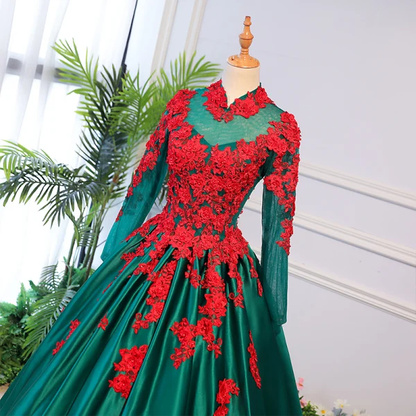 Vintage / Retro Quinceañera Ink Blue Prom Dresses 2018 Ball Gown Lace Appliques Pearl High Neck Backless Long Sleeve Floor-Length / Long Formal Dresses
