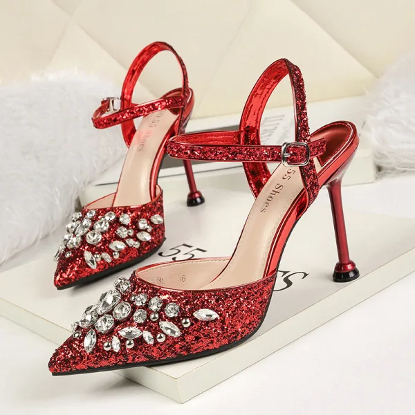 Glittrande Silver Afton Damskor 2019 Ankelband Rhinestone Paljetter 9 cm Stilettklackar Spetsiga Högklackade