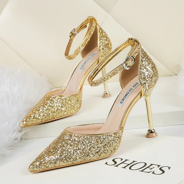 Charming Rose Gold Evening Party Womens Shoes 2020 Ankle Strap Sequins 9 cm Stiletto Heels Pointed Toe High Heels