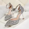 Sparkly Rose Gold Evening Party Womens Shoes 2019 Sequins Ankle Strap Rhinestone 9 cm Stiletto Heels Pointed Toe High Heels