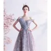 Fabulous Purple Prom Dresses 2021 A-Line / Princess Off-The-Shoulder Beading Rhinestone Sequins Lace Flower Sleeveless Backless Sweep Train Formal Dresses