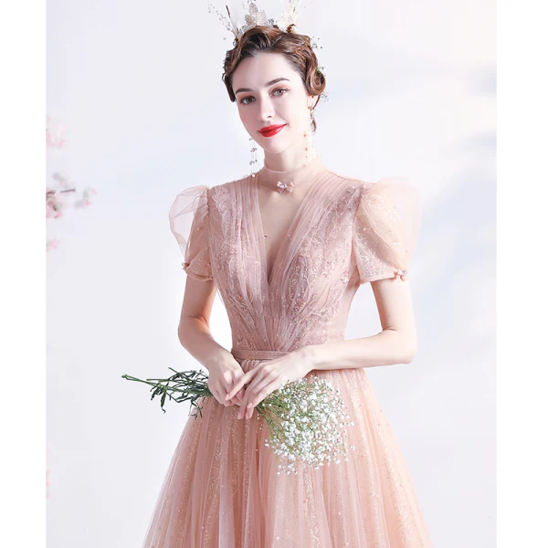 Fashion Blushing Pink Homecoming Graduation Dresses 2021 A-Line / Princess High Neck Beading Pearl Sequins Short Sleeve Backless Floor-Length / Long Formal Dresses