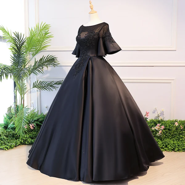 Elegant Black Quinceañera Prom Dresses 2018 Ball Gown Lace Flower Beading Crystal Scoop Neck Backless 1/2 Sleeves Floor-Length / Long Formal Dresses