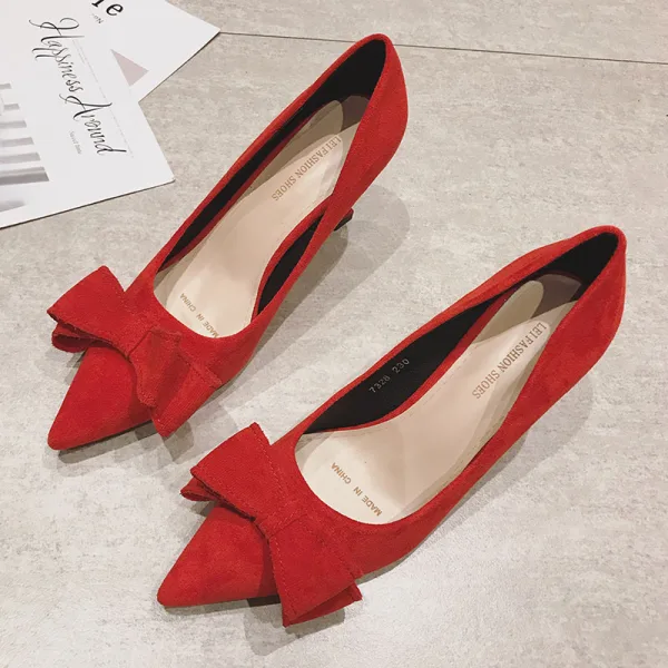 Simple Noire Désinvolte Escarpins 2020 Daim Noeud 7 cm Talons Aiguilles À Bout Pointu Escarpins