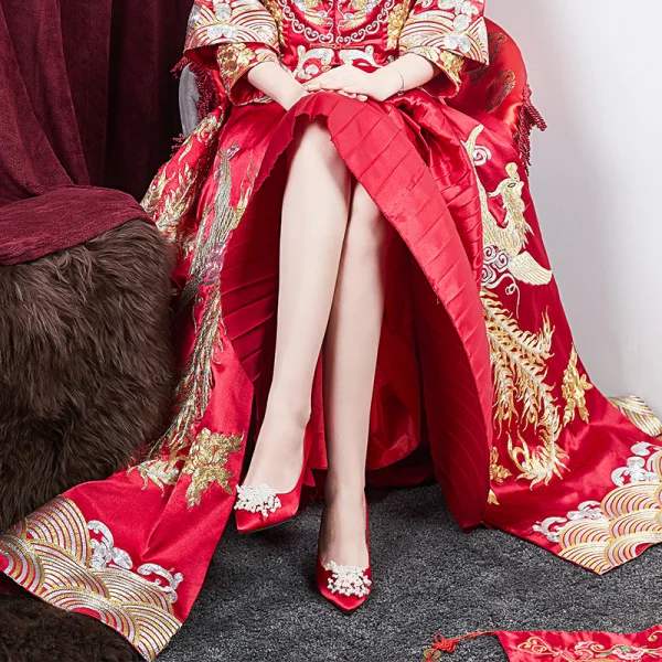 Elegancka Czerwone Buty Ślubne 2020 Satyna Perła 6 cm Szpilki Szpiczaste Ślub Czółenka