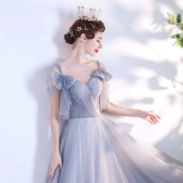 Fashion Silver Prom Dresses 2021 A-Line / Princess Square Neckline Rhinestone Bow Short Sleeve Backless Floor-Length / Long Formal Dresses