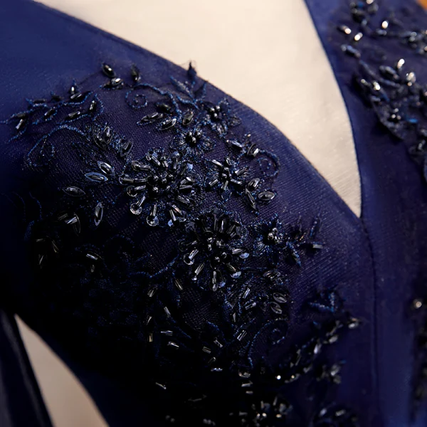Elegant Royal Blue Evening Dresses 2020 A-Line / Princess V-Neck Beading Crystal Lace Flower Star 3/4 Sleeve Backless Floor-Length / Long Formal Dresses