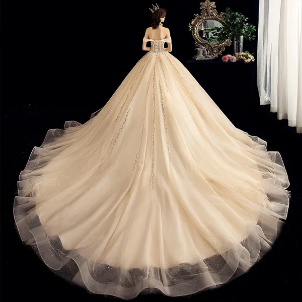 Charming Champagne Wedding Dresses 2020 Ball Gown Off-The-Shoulder Sequins Lace Flower Sleeveless Backless Chapel Train