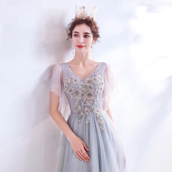 Elegant Grey Evening Dresses  2020 A-Line / Princess V-Neck Pearl Rhinestone Lace Flower Short Sleeve Backless Floor-Length / Long Formal Dresses