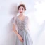 Elegant Grey Evening Dresses  2020 A-Line / Princess V-Neck Pearl Rhinestone Lace Flower Short Sleeve Backless Floor-Length / Long Formal Dresses