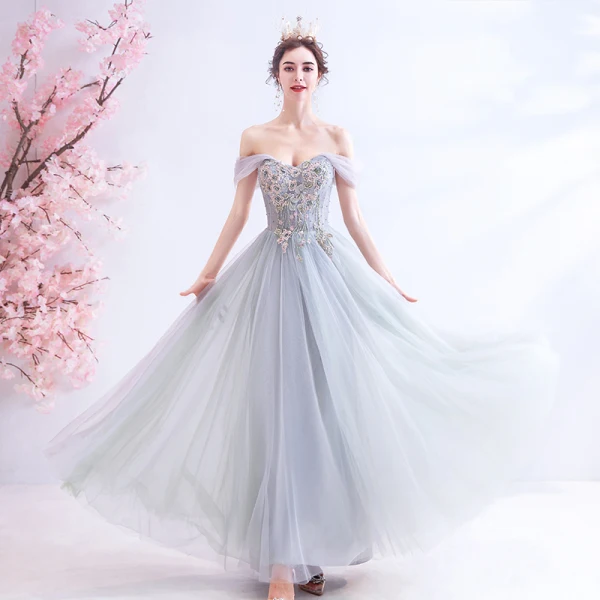 Classy Grey Prom Dresses 2020 A-Line / Princess Off-The-Shoulder Beading Crystal Lace Flower Sleeveless Backless Floor-Length / Long Formal Dresses