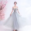 Classy Grey Prom Dresses 2020 A-Line / Princess Off-The-Shoulder Beading Crystal Lace Flower Sleeveless Backless Floor-Length / Long Formal Dresses