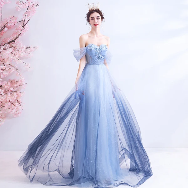 Charming Gradient-Color Sky Blue Evening Dresses 2020 A-Line / Princess Off-The-Shoulder Appliques Beading Crystal Rhinestone Sequins Short Sleeve Backless Floor-Length / Long Formal Dresses