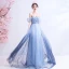 Charming Gradient-Color Sky Blue Evening Dresses  2020 A-Line / Princess Off-The-Shoulder Appliques Beading Crystal Rhinestone Sequins Short Sleeve Backless Floor-Length / Long Formal Dresses