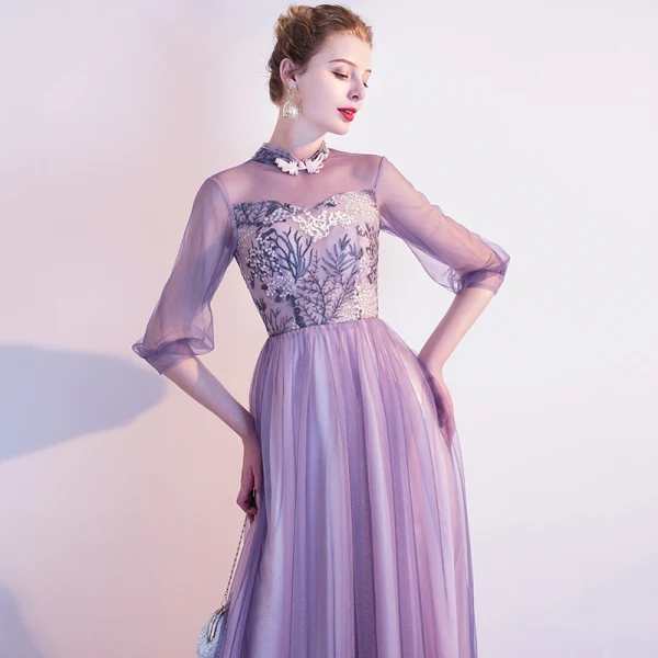 Chic / Belle Lavande Robe De Soirée 2020 Princesse Col Haut En Dentelle Fleur 1/2 Manches Dos Nu Longue Robe De Ceremonie