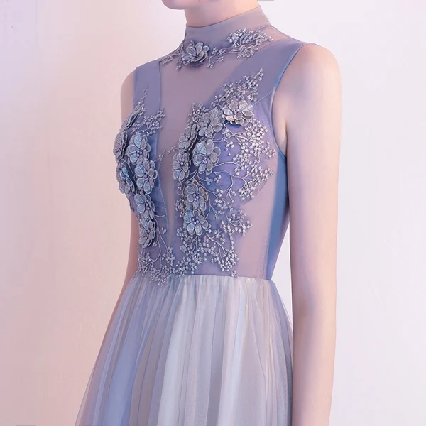 Elegant Grey Evening Dresses 2020 A-Line / Princess High Neck Pearl Rhinestone Lace Flower Sleeveless Floor-Length / Long Formal Dresses