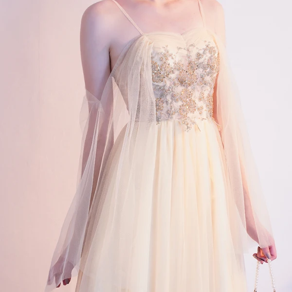 Charmant Champagne Robe De Soirée 2020 Princesse Bretelles Spaghetti Perlage Paillettes Sans Manches Dos Nu Longue Robe De Ceremonie