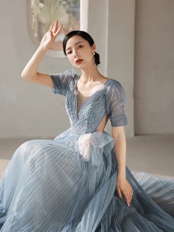 Fashion Sky Blue Prom Dresses Evening Dresses  2021 A-Line / Princess U-Neck Beading Rhinestone Short Sleeve Backless Floor-Length / Long Formal Dresses