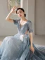 Fashion Sky Blue Prom Dresses Evening Dresses  2021 A-Line / Princess U-Neck Beading Rhinestone Short Sleeve Backless Floor-Length / Long Formal Dresses
