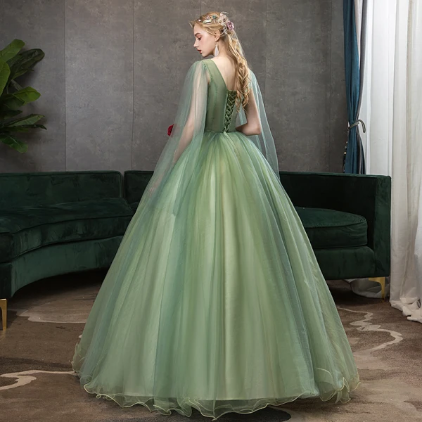 Elegant Lime Green Prom Dresses 2020 Ball Gown V-Neck Beading Rhinestone Lace Flower Short Sleeve Backless Floor-Length / Long Formal Dresses